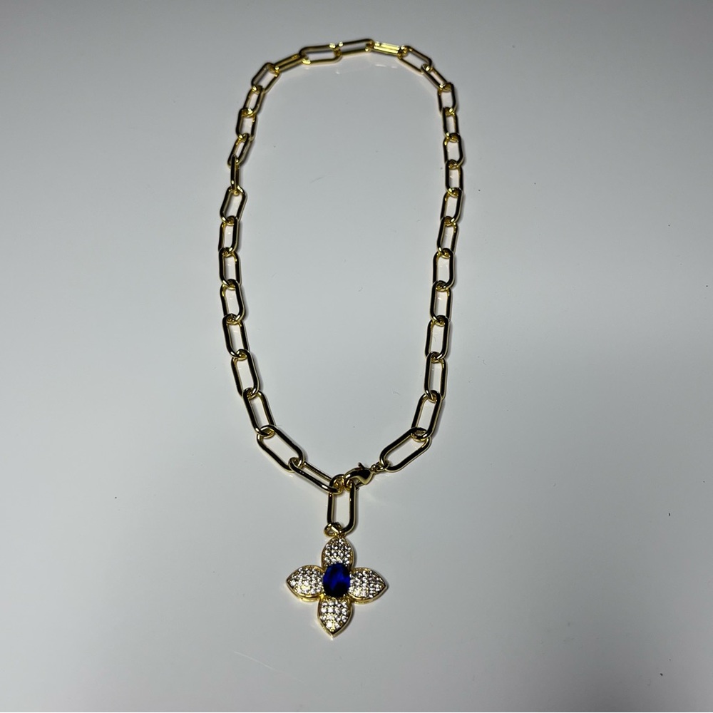 Brand New Gold Chain Necklace with Blue and Silver Pendant